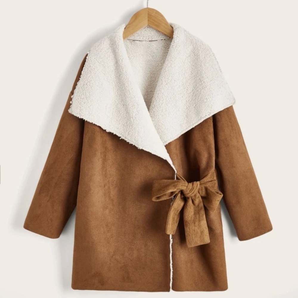 SHEIN Girls faux suede coat. Side tie front. Teddy lined. Sz 9. Never worn. NWOT